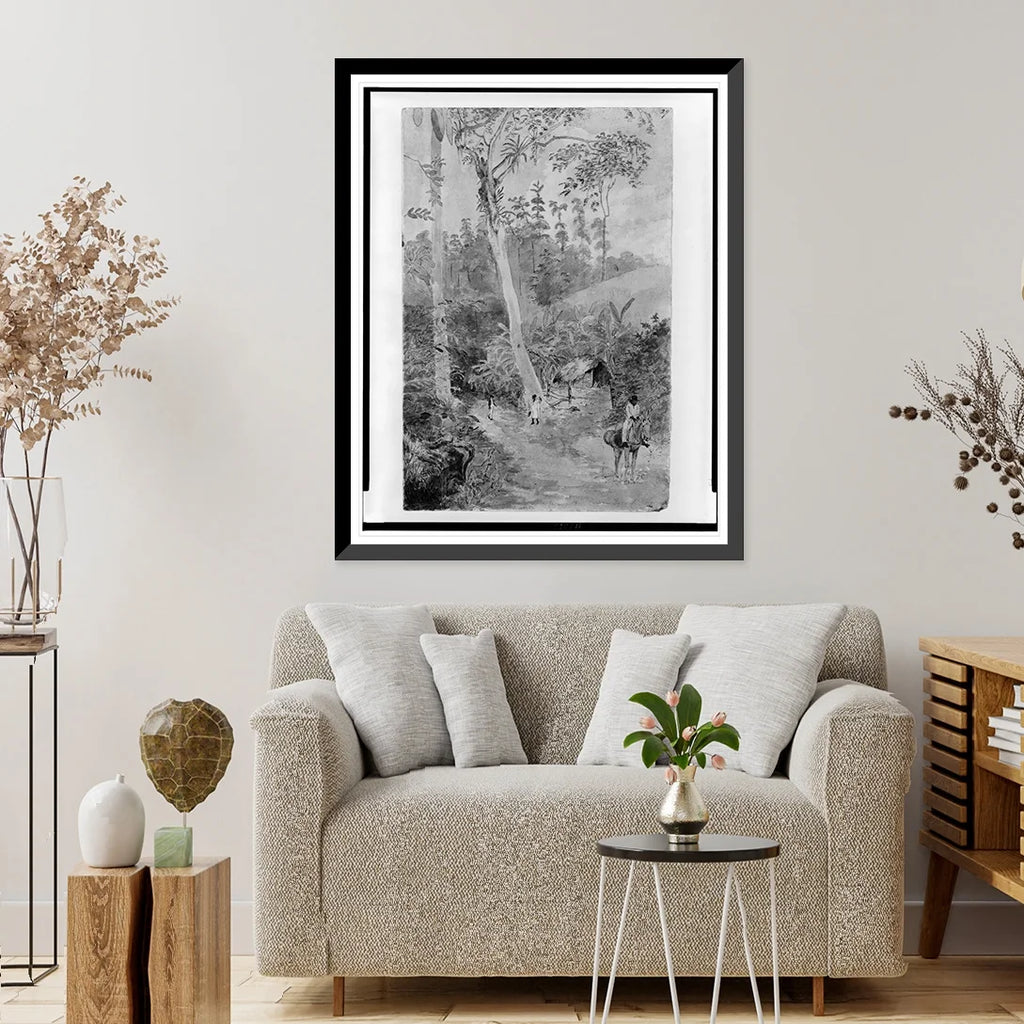 Historic Framed Print, Plantain Walk - Bookkeeper - Watchman and Hut - man with casks of water.greattoe in stirrup, 17-7/8" x 21-7/8"