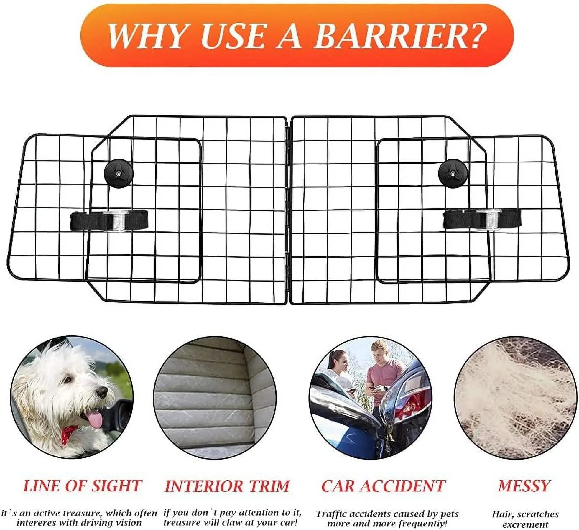 Dog Car Barriers—Heavy Duty Adjustable Wire Pet Cars Barrier with Front Cushion Mesh in Black—Safety Travel Dividers Fence for Vehicles, SUV, Cars