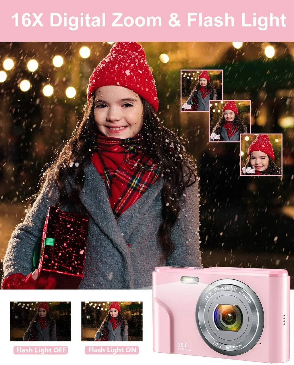 ACTITOP Kids Digital Camera, FHD 1080P 36MP 16X Digital Zoom, Compact Mini Camera (Pink)