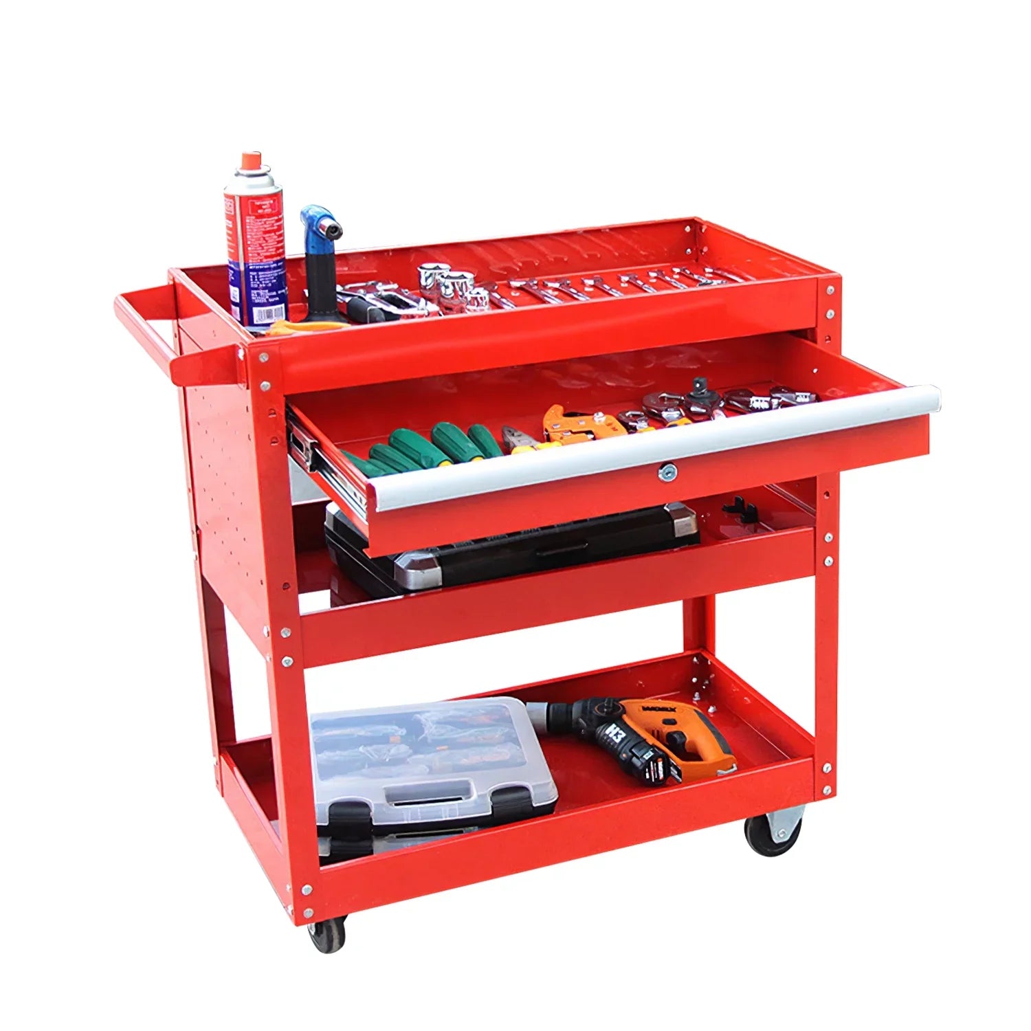 Odaof 3 Tier Rolling Tool Cart,Tool Chest and Tool Organizer with Wheels and Drawer,330 lbs Capacity Utility Cart for Garage Warehouse(Red)