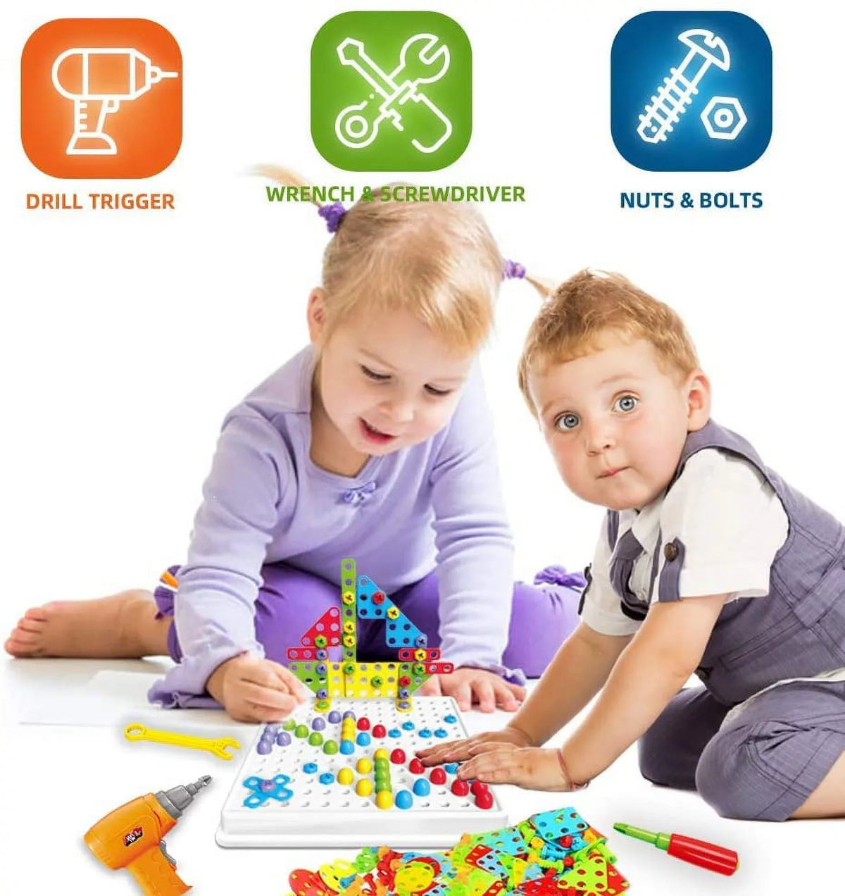 224 Pieces Creative Mosaic Drill Puzzle Kit, Electric Drill and Screwdriver Tool Set Toy, STEM Engineering Education Learning Building Block Toys, Game Activities Center for Kids Ages 3-10 Years Old