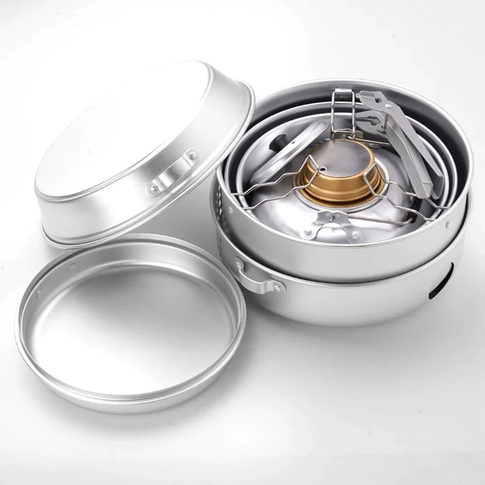 Htovila Camping Stove Kit, 10pcs Camping Pot Pan Stove Set for Cooking Backpacking, Portable Kitchenware for Adventures