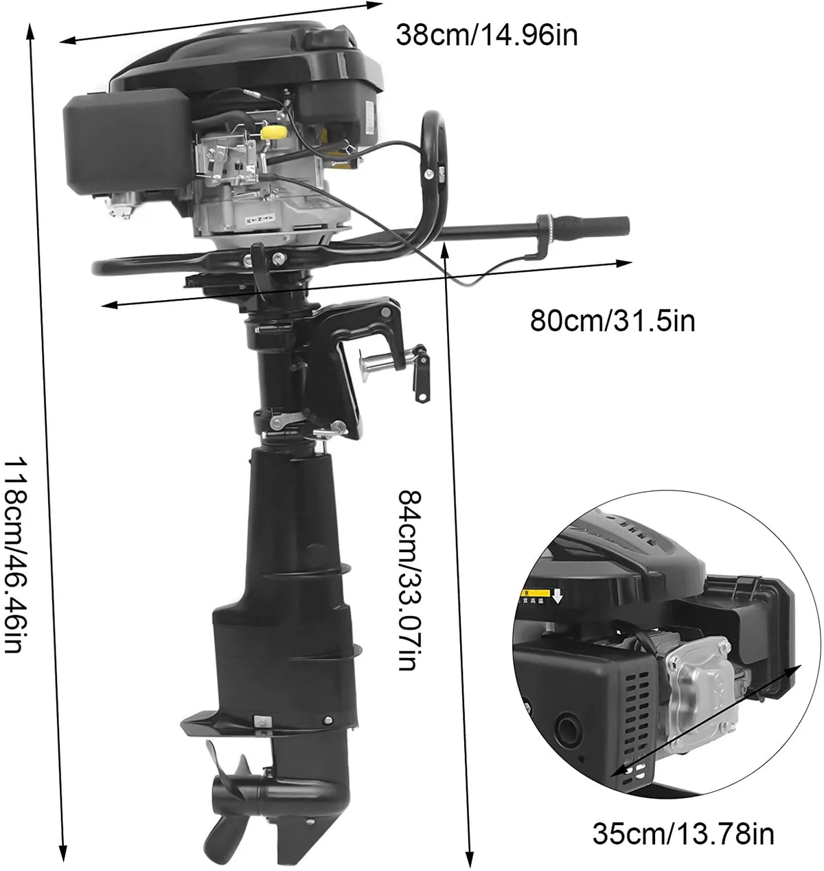 MONIPA Black Heavy Duty Outboard Motor 7.5HP 4 Stroke Outboard Motor Boat Engine with Air Cooling System for Aquaculture Fishing Outdoor Adventure