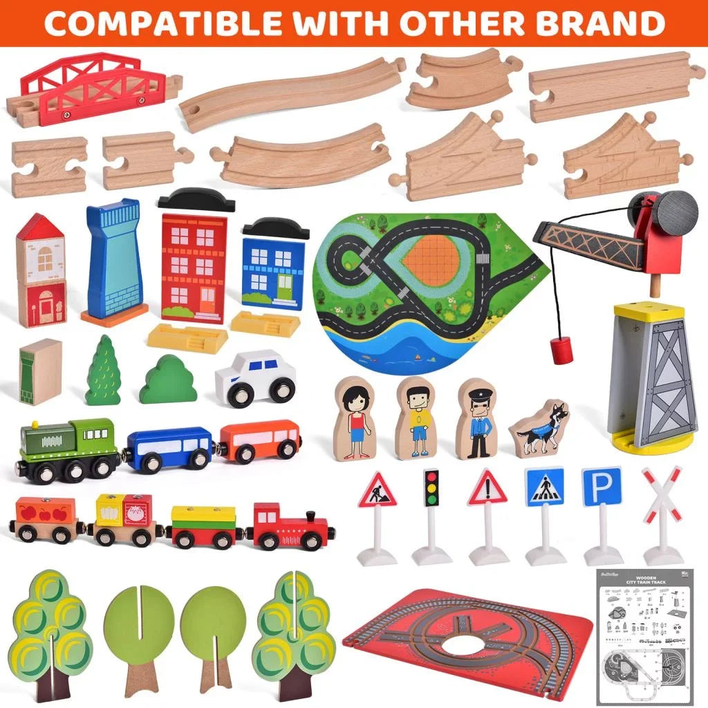 Fun Little Toys 88PCs Wooden Play Set, Enchanting Wooden Train Set for Toddlers Age 3+