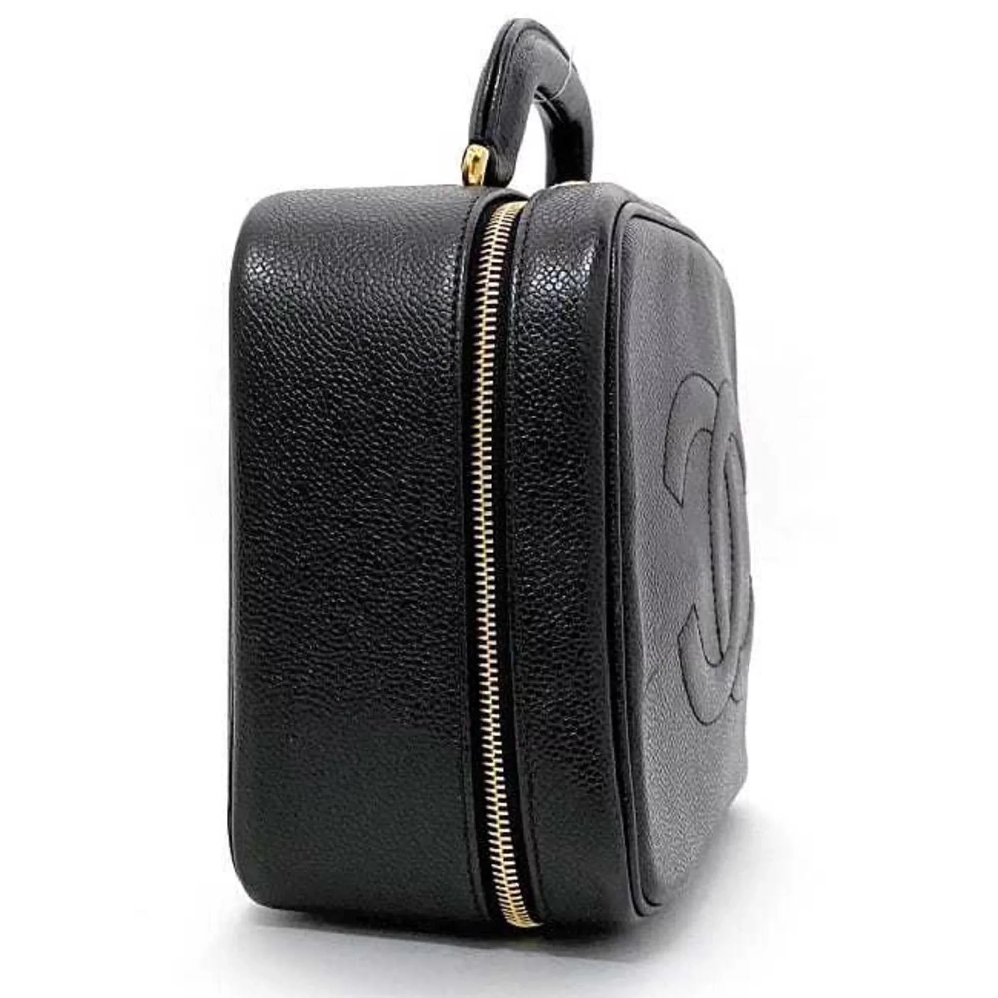 Pre-Owned Chanel Handbag Vanity Bag Black Gold Cocomark A07061 Leather GP Caviar Skin 4th CHANEL Stitch (Good)