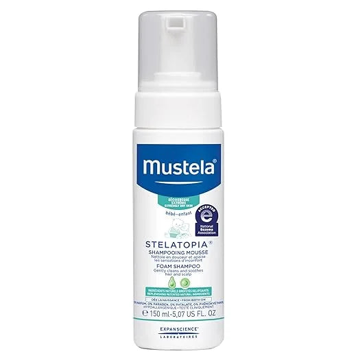 Mustela Stelatopia Eczema-Prone Skin Foam Shampoo for Newborn & Baby with - with Natural Avocado & Sunflower Oil - Fragrance-Free & Tear Free - 5.07 fl. oz.
