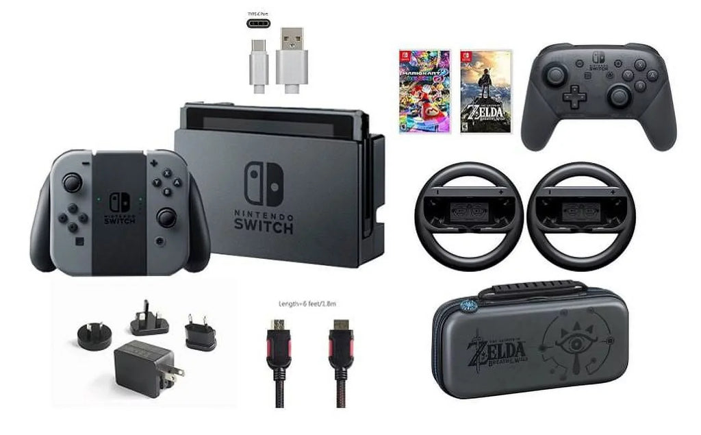 Nintendo Switch 32GB Console Gray Joy-con Bundle:Mario Kart 8 Deluxe and Deluxe Travel Case,The Legend of Zelda:Breath of the Wild,Pro Controller,Joy-Con Circular part (Set of 2)