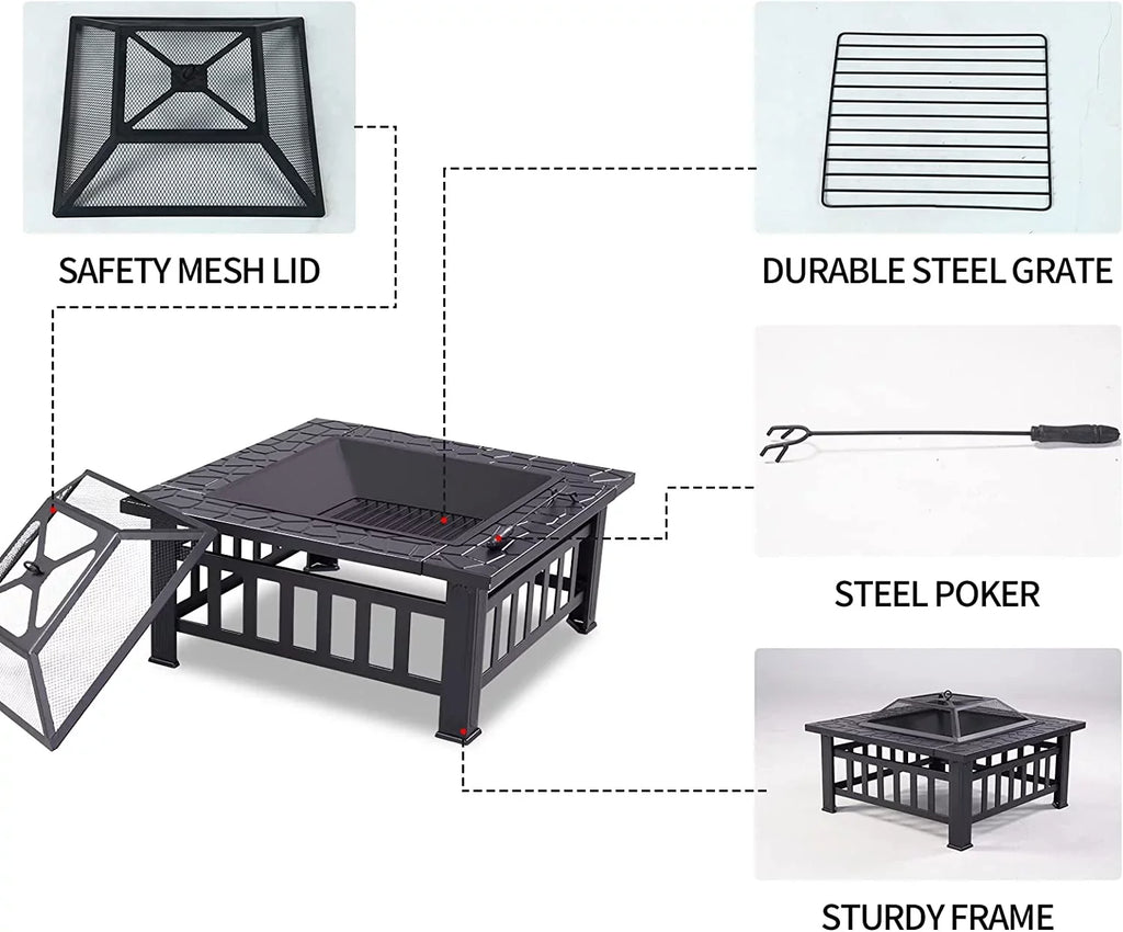 Grand Patio 32" Outdoor Fire Pit, Bonfire Wood Burning Fire Pit for Outside, Square Backyard Patio Firepit Table with Spark Screen Cover Safe Mesh Lid & Poker for Warmth, BBQ or Cooler