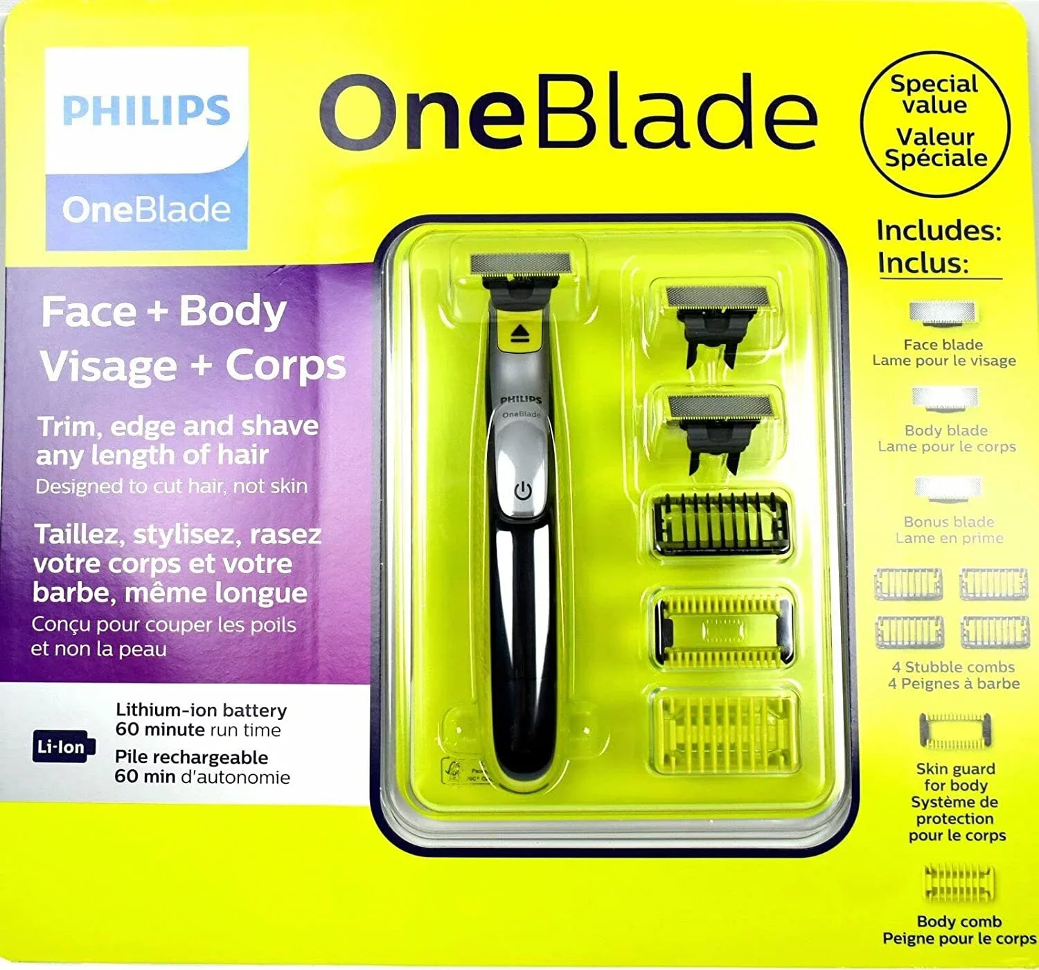 Philips Norelco OneBlade Face Body Hybrid Electric Trimmer & Shaver + Blades, Skin Guard, QP2630/60