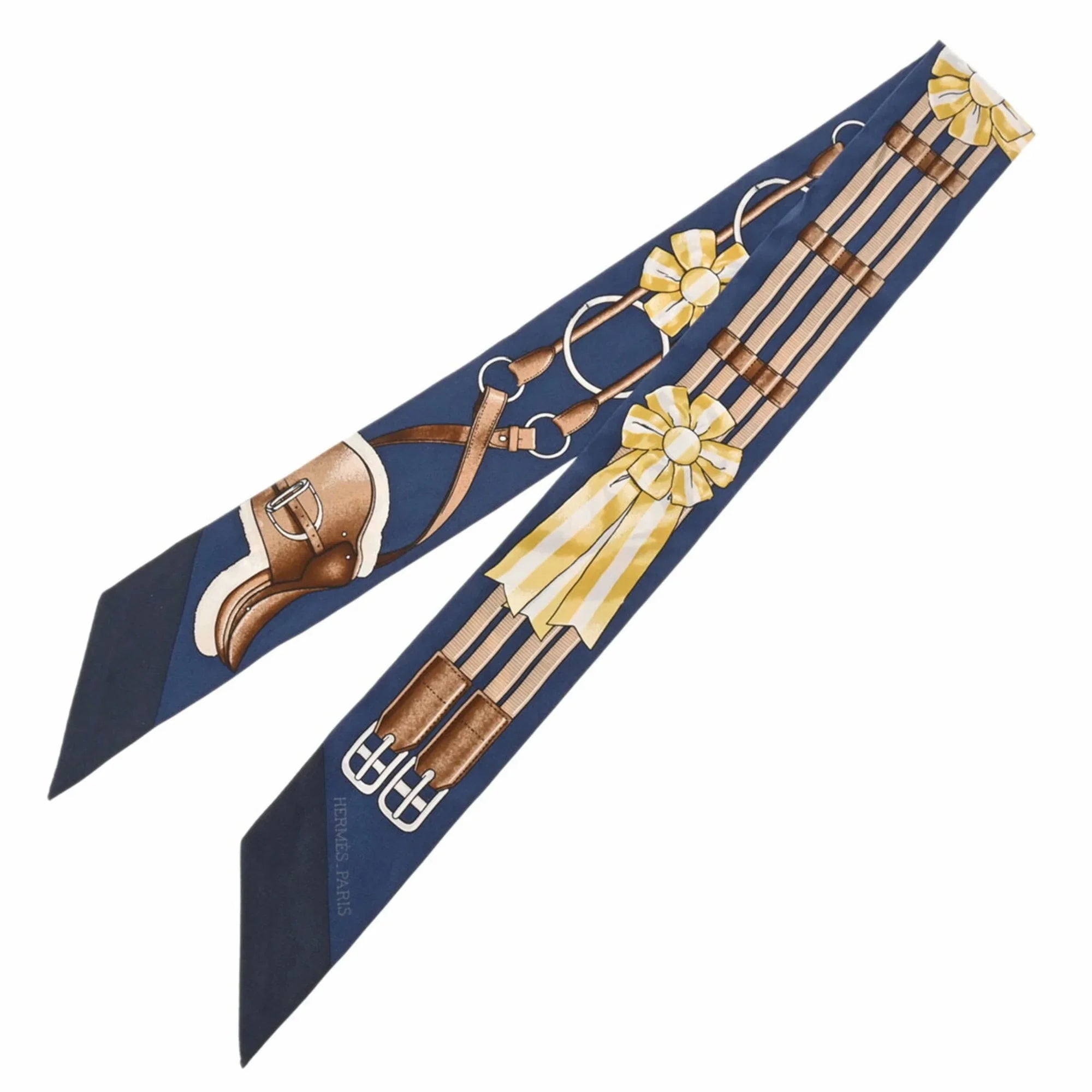 Pre-Owned HERMES Twilly JUMPING Mario/Gold/Blanc Women's 100% Silk Scarf Muffler (Fair)