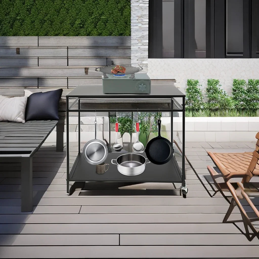 Outdoor Cook Station Table 2-Tier Shelf Food Prep BBQ Grill Serving Cart Movable Rack