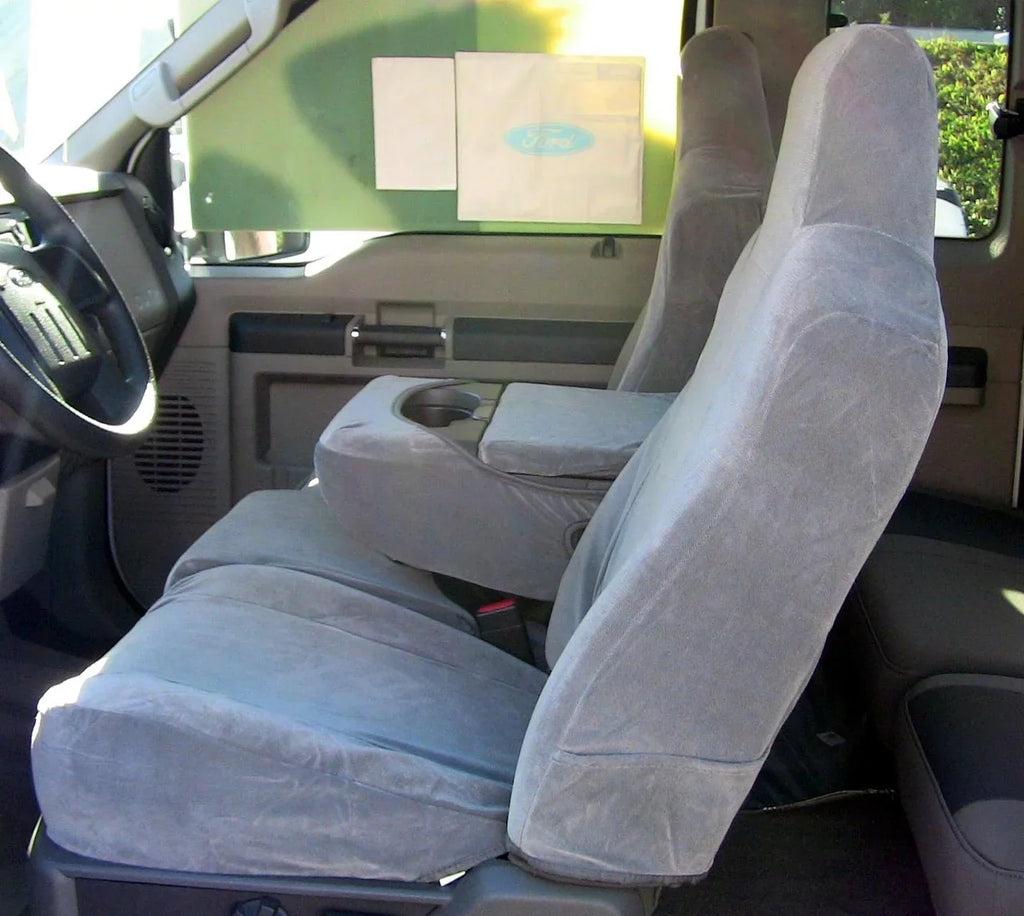 F58 2002-2010 Ford F250-F550 Super Duty Front 40/20/40 Split Bench Cushion with Molded Headrests and Opening Center Console in Tan Velour