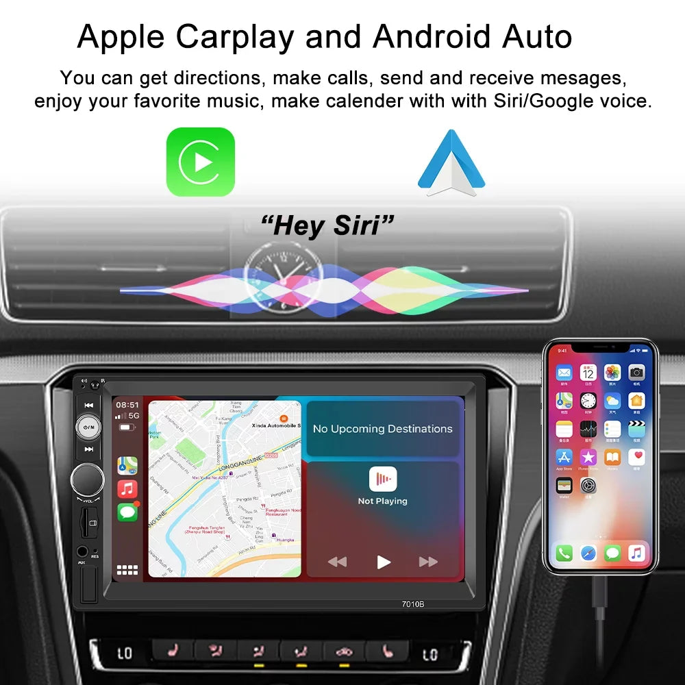 Podofo Double 2 Din 7'' Universal Car Stereo Radio Apple Carplay Android Auto Mirror Link HD Touch Screen Car Audio Multimedia Player MP3 MP5 Bluetooth FM USB, with Backup Camera