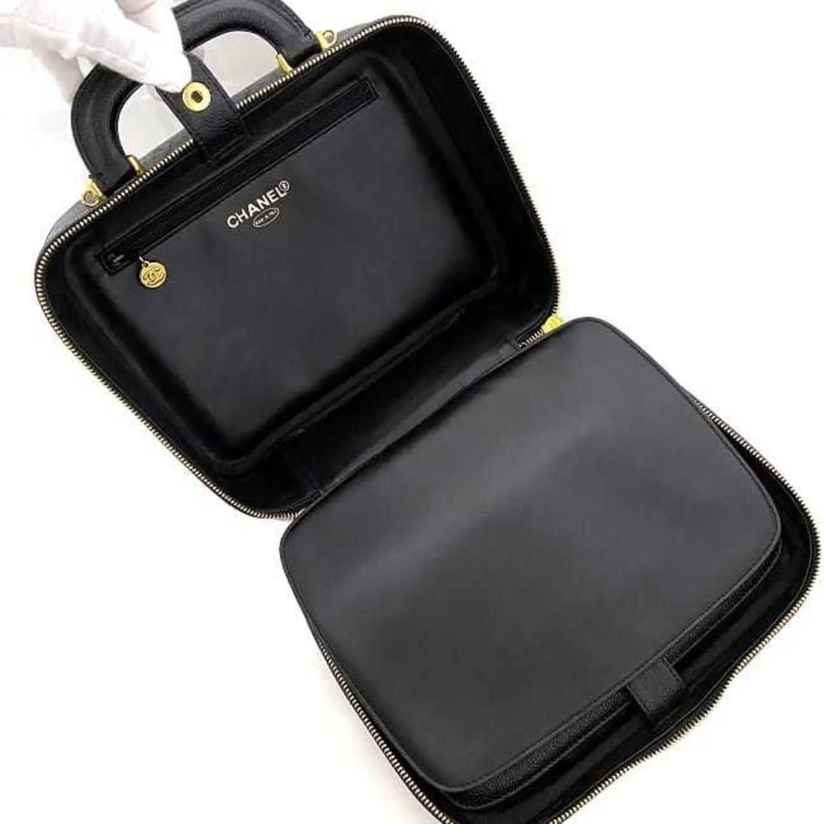 Pre-Owned Chanel Handbag Vanity Bag Black Gold Cocomark A07061 Leather GP Caviar Skin 4th CHANEL Stitch (Good)
