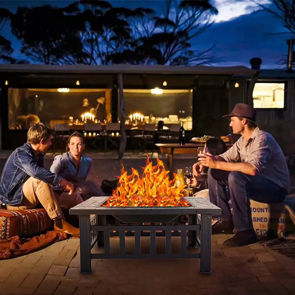 Grand Patio 32" Outdoor Fire Pit, Bonfire Wood Burning Fire Pit for Outside, Square Backyard Patio Firepit Table with Spark Screen Cover Safe Mesh Lid & Poker for Warmth, BBQ or Cooler