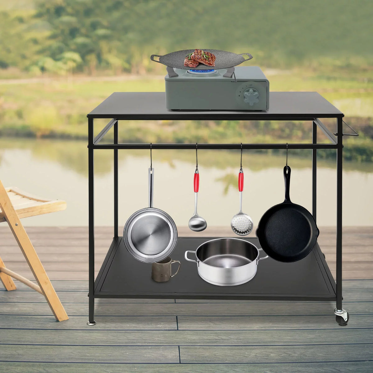 Outdoor Cook Station Table 2-Tier Shelf Food Prep BBQ Grill Serving Cart Movable Rack