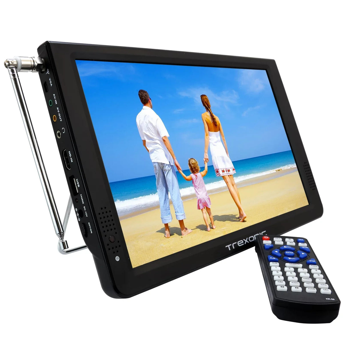 Reconditioned Trexonic Portable Widescreen 12" LED TV With TF Slot, USB/Micro USB/ Headphone/AV Inputs And Built-in Digital Tuner