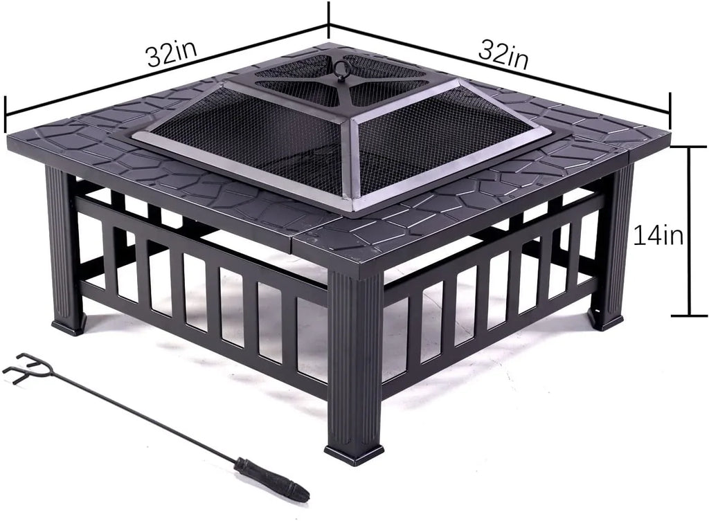 Grand Patio 32" Outdoor Fire Pit, Bonfire Wood Burning Fire Pit for Outside, Square Backyard Patio Firepit Table with Spark Screen Cover Safe Mesh Lid & Poker for Warmth, BBQ or Cooler