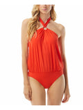 MICHAEL MICHAEL KORS Women's Orange Stretch Blouson Lined Full Coverage Tie Halter One Piece Swimsuit 4