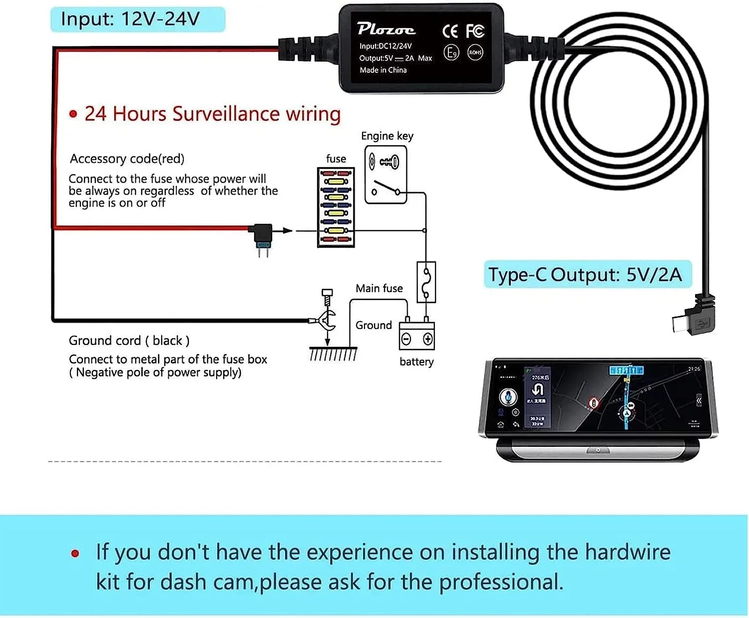 Dash Cam Hardwire Kit,Type-C Hard Wire Kit,USB C Hard Wire Kit Fuse for Dashcam, Plozoe 12V-24V to 5V Car Dash Camera
