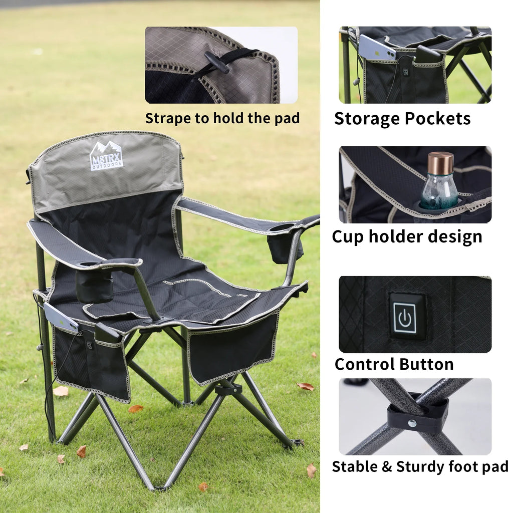 M8TRX Outdoors Heated Camping Chair, Portable Chair w/ 5000mAH Power Bank, 3 Heat Levels, USB Charging Port, Black