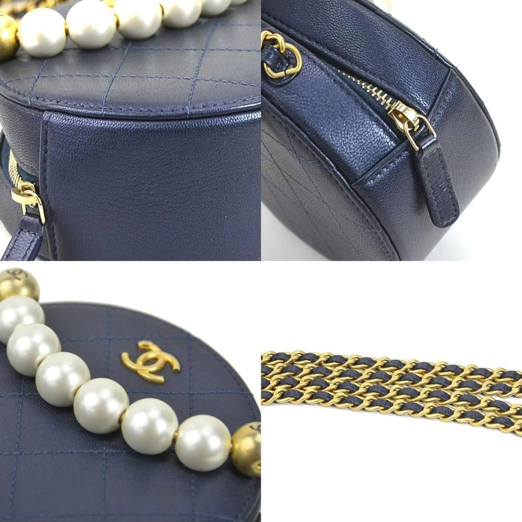 Pre-Owned CHANEL Crossbody Shoulder Bag Pochette Coco Mark Leather/Metal/Fake Pearl Navy/Gold/Off-White Women's (Good)