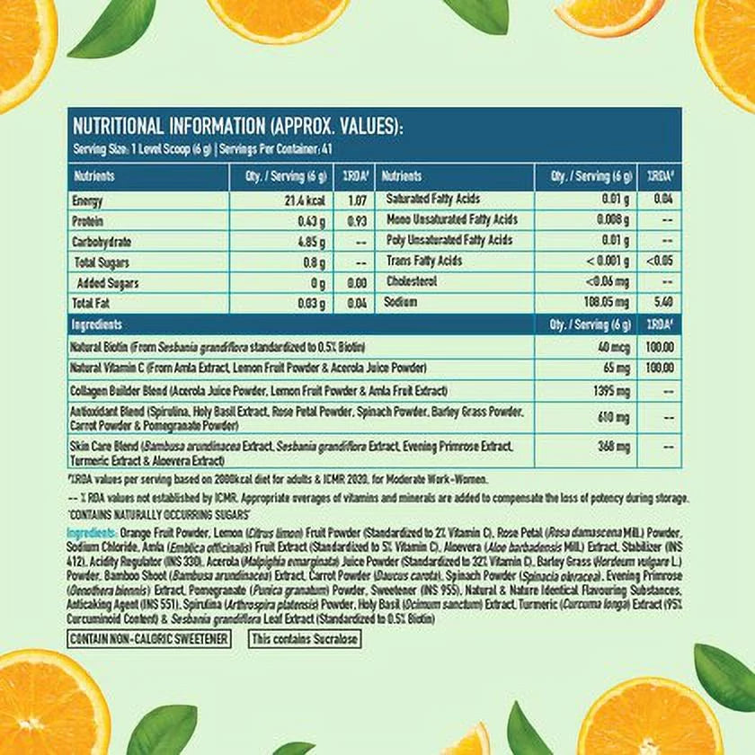 HealthKart HK Vitals Plant Based Collagen Builder, with Natural Vitamin C, Biotin, & Silica, for Healthy, Hydrated, Youthful & Glowing Skin, Tangy Orange, 250 g