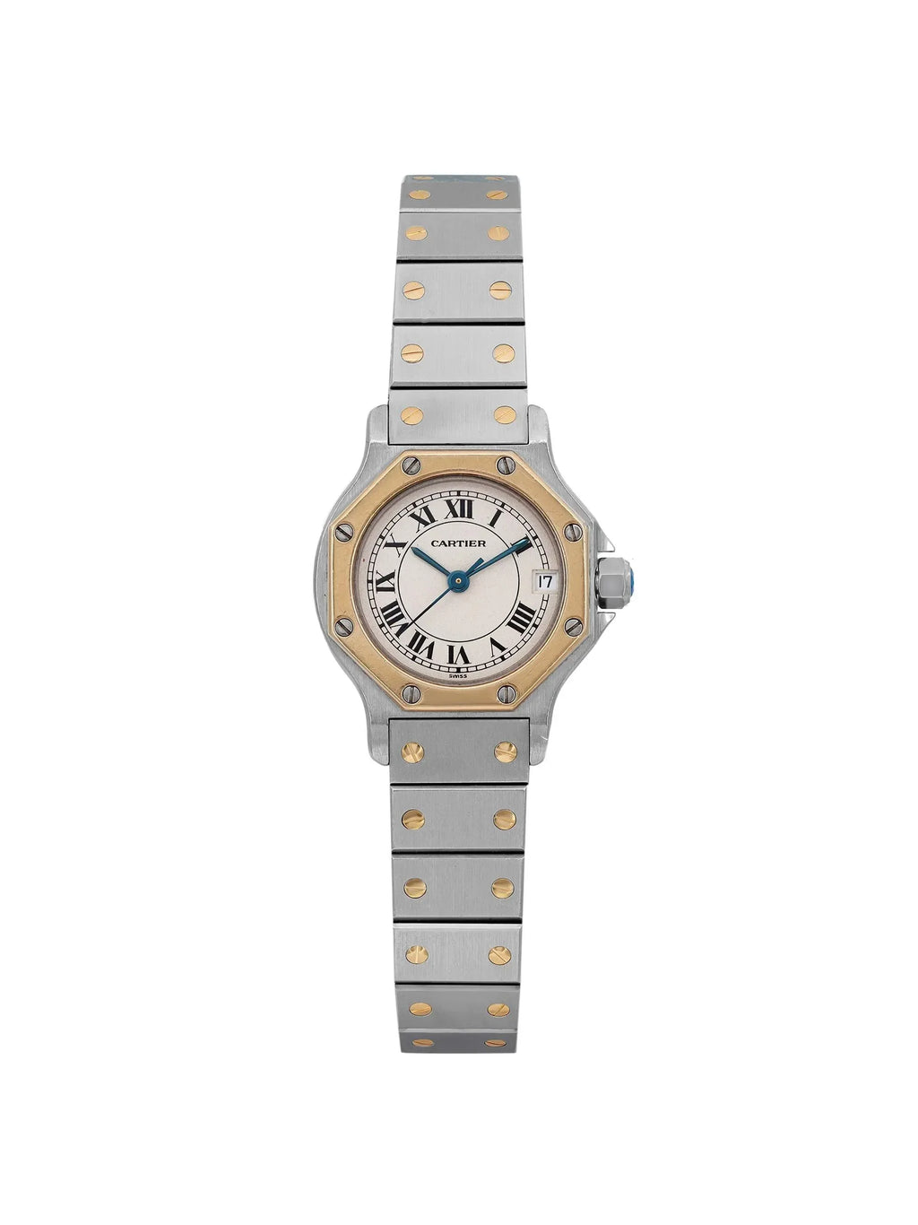 Pre-owned Cartier Santos Octagon 18K Yellow Gold Steel Cream Watch 187903 (Good)