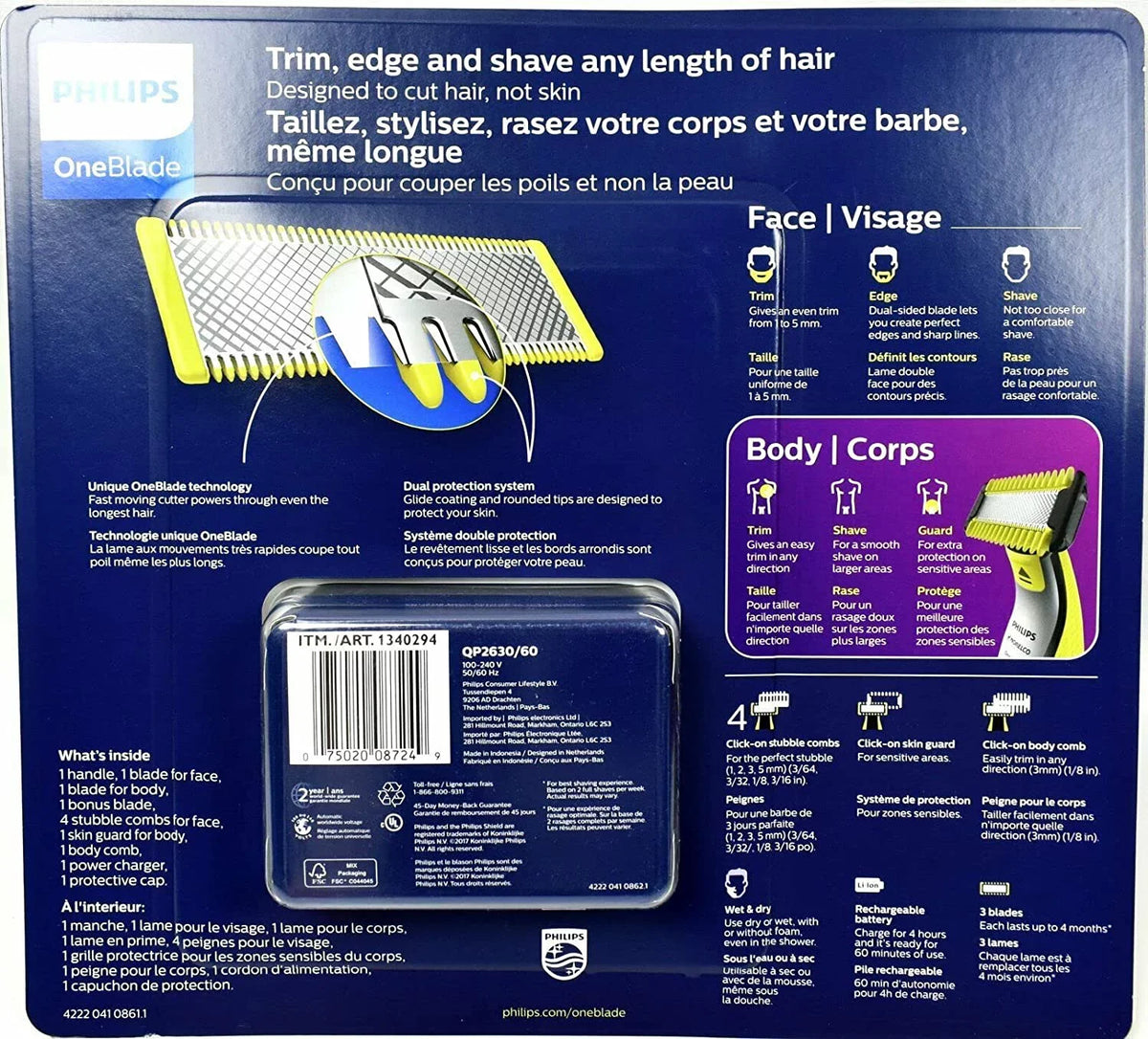 Philips Norelco OneBlade Face Body Hybrid Electric Trimmer & Shaver + Blades, Skin Guard, QP2630/60