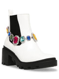 BETSEY JOHNSON Womens White Gem Accent Strap Pull Tab 1" Platform Goring Padded Jenesis Round Toe Block Heel Moto 7 M