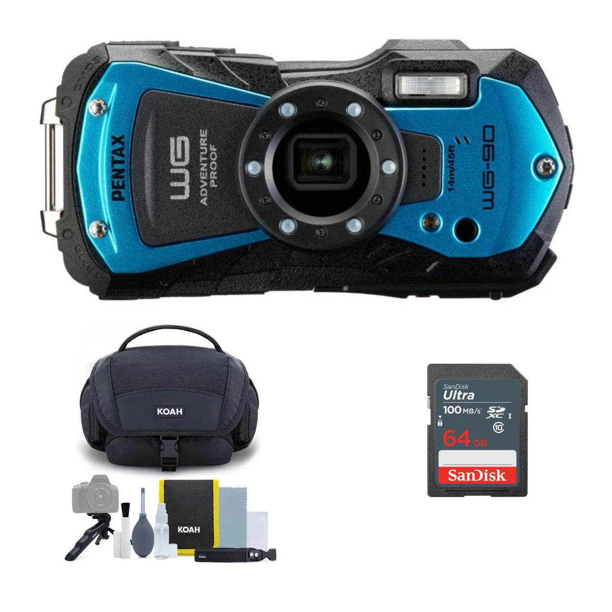 PENTAX WG-90 Compact Camera (Blue) Bundle with Accessory Cleaning Kit Bag and 64GB Memory Card