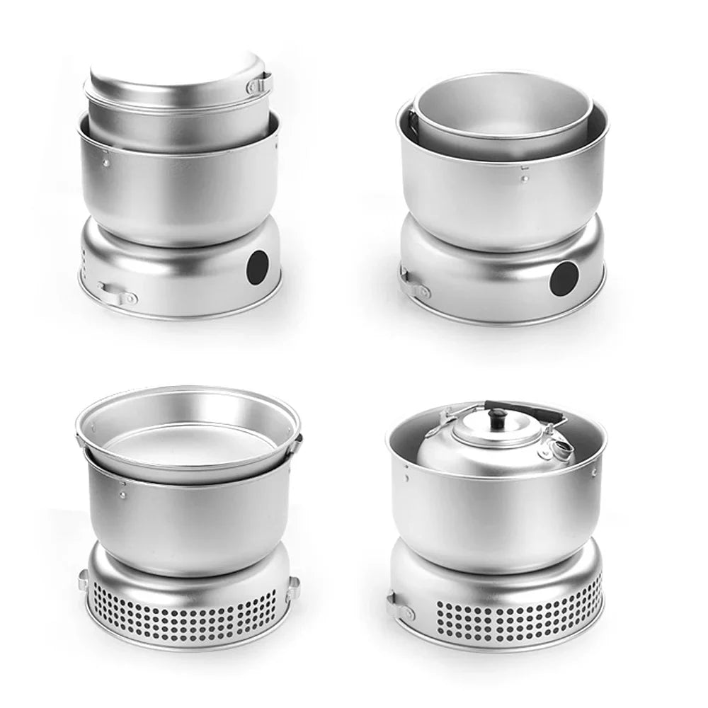 Htovila Camping Stove Kit, 10pcs Camping Pot Pan Stove Set for Cooking Backpacking, Portable Kitchenware for Adventures
