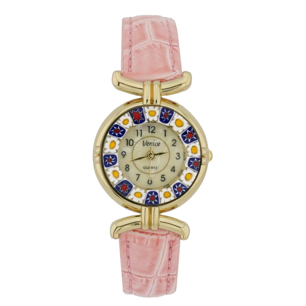 GlassOfVenice Murano Glass Millefiori Watch with Leather Band - Pink
