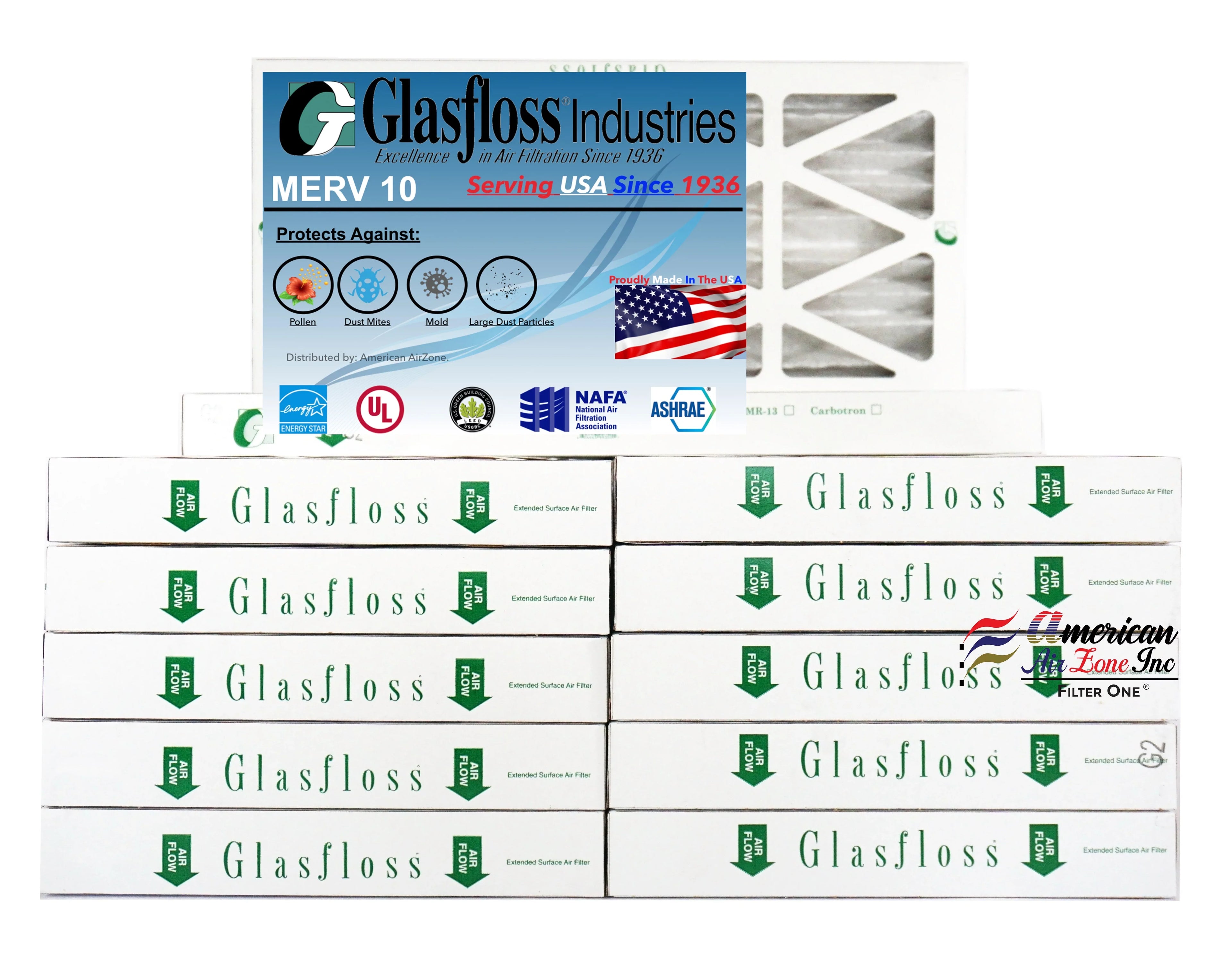 Glasfloss Air Filter 10x24x2 - 2" MERV 10 - (Pack of 12) - Pleated AC or HVAC Air Filter - Furnace Air Filter - Home or Office - Made In The USA.