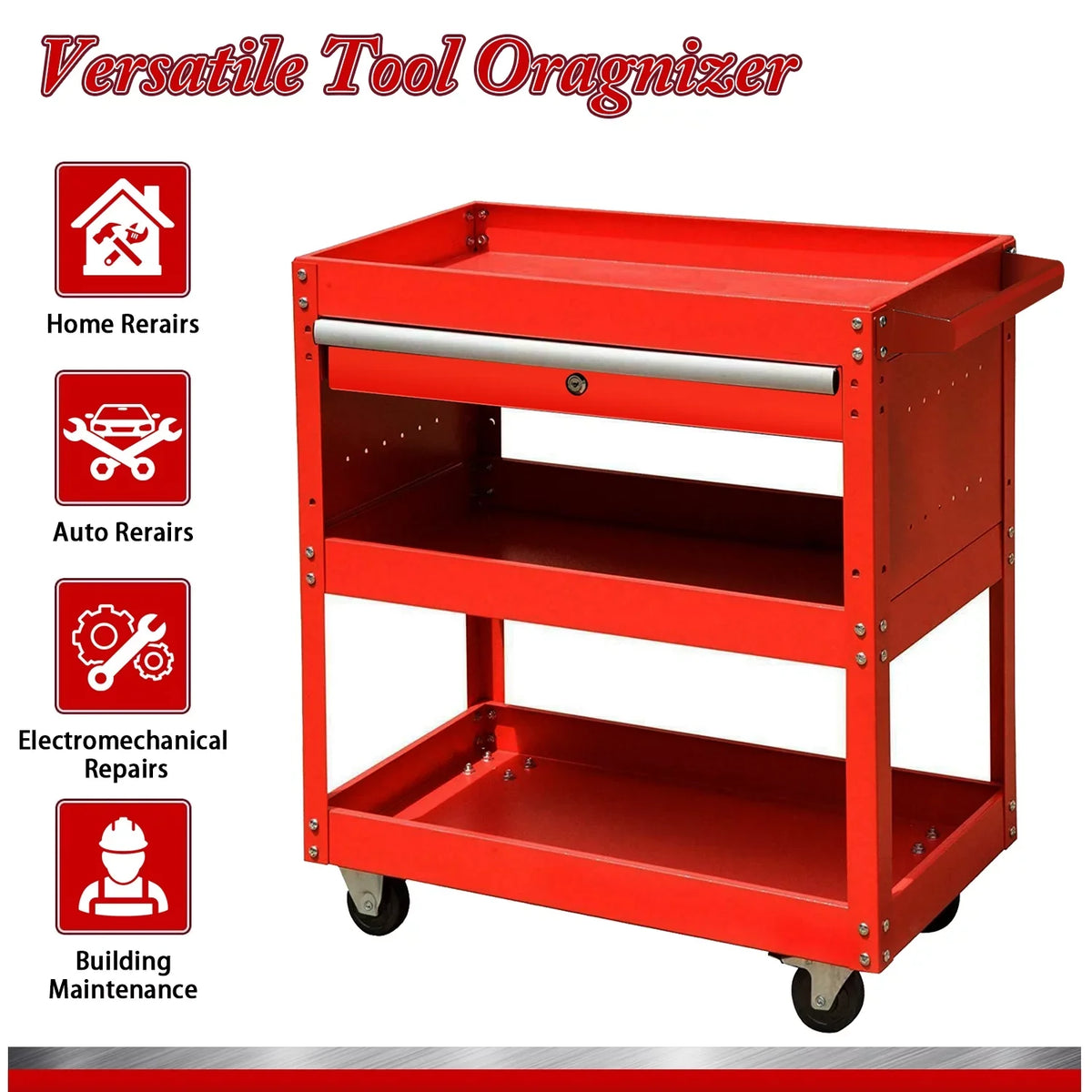 Odaof 3 Tier Rolling Tool Cart,Tool Chest and Tool Organizer with Wheels and Drawer,330 lbs Capacity Utility Cart for Garage Warehouse(Red)