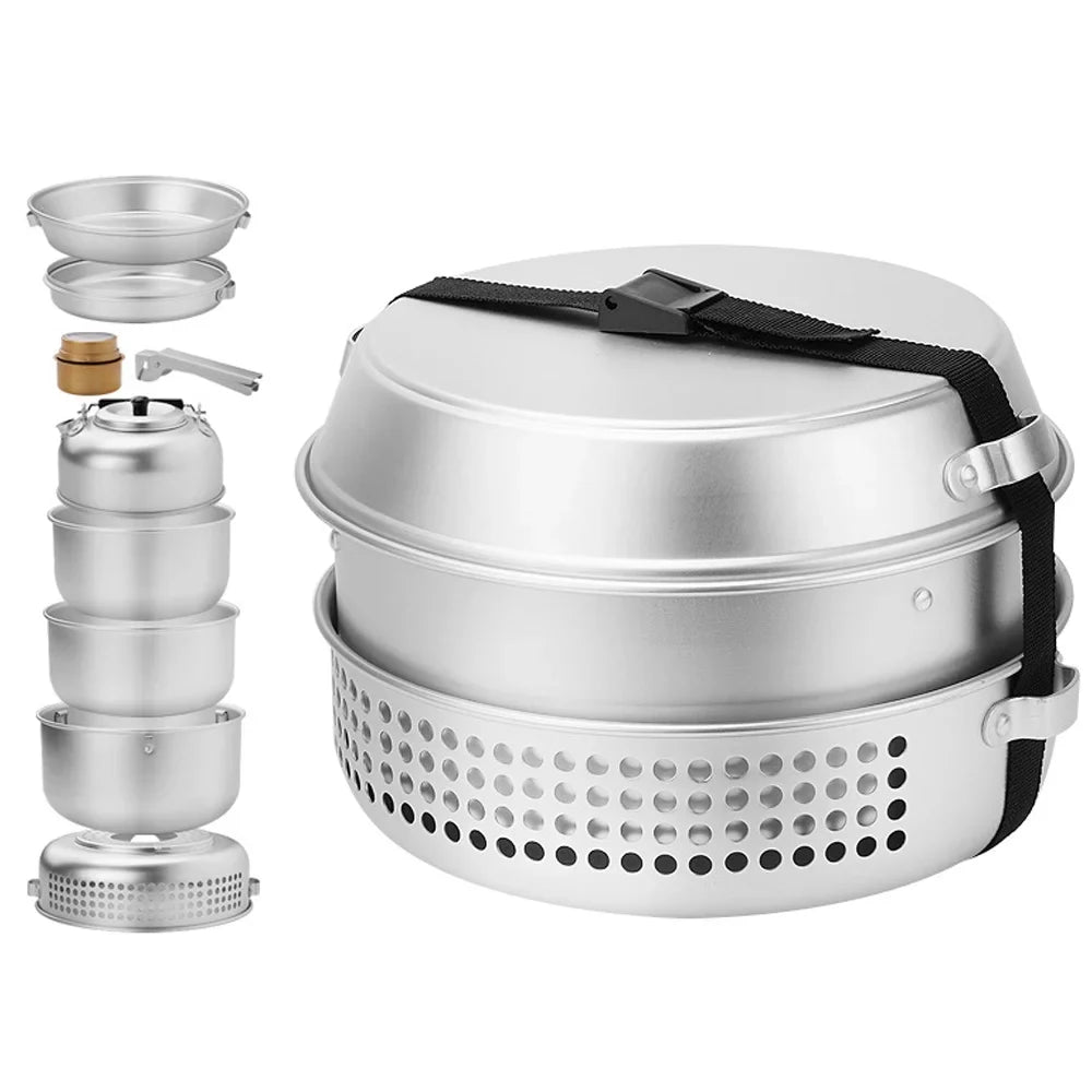 Htovila Camping Stove Kit, 10pcs Camping Pot Pan Stove Set for Cooking Backpacking, Portable Kitchenware for Adventures
