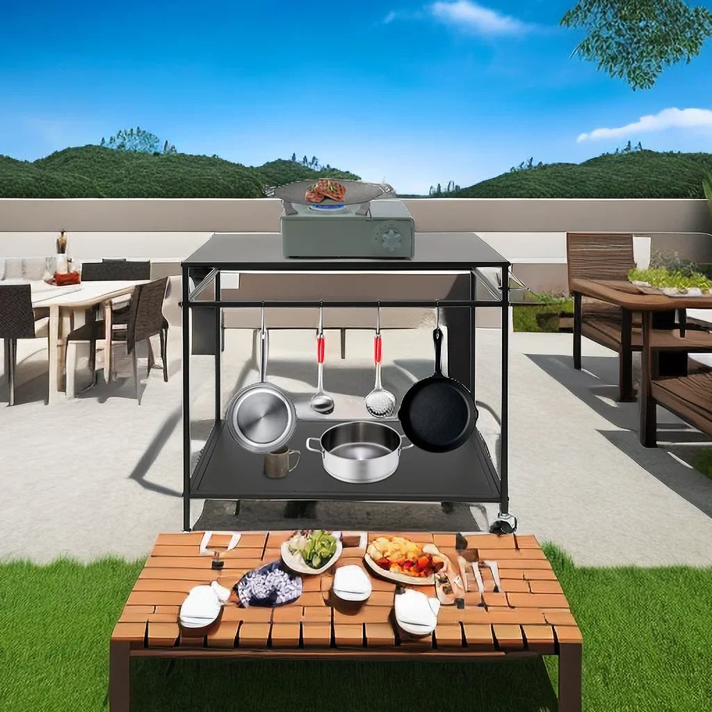 Outdoor Cook Station Table 2-Tier Shelf Food Prep BBQ Grill Serving Cart Movable Rack