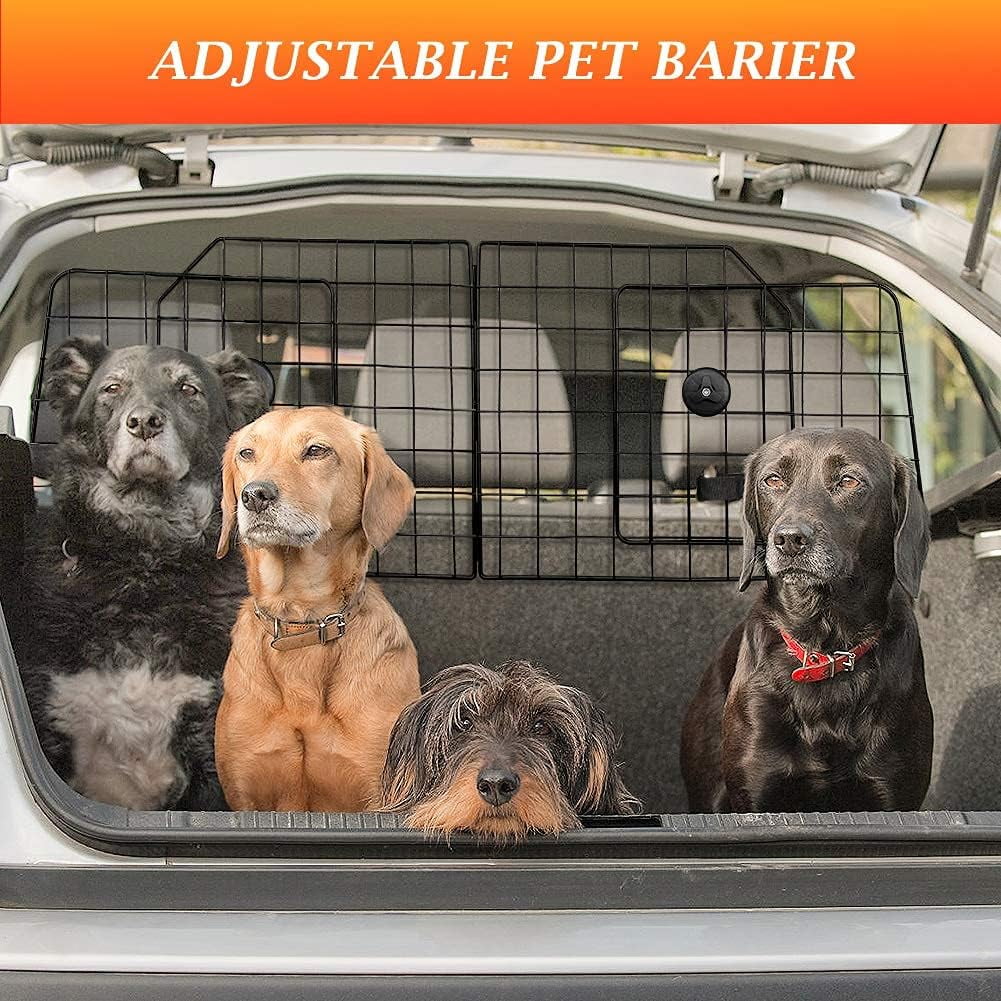 Dog Car Barriers—Heavy Duty Adjustable Wire Pet Cars Barrier with Front Cushion Mesh in Black—Safety Travel Dividers Fence for Vehicles, SUV, Cars